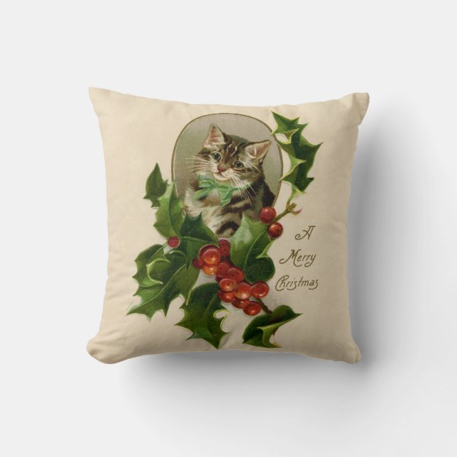 Cat Christmas Merry Holly Kitten Antique Art Cushion (Front)