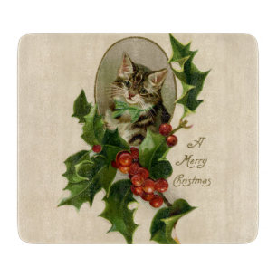 Cat Christmas Merry Holly Kitten Antique Art Cutting Board