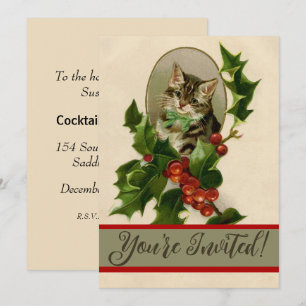 Cat Christmas Merry Holly Kitten Antique Art Invitation