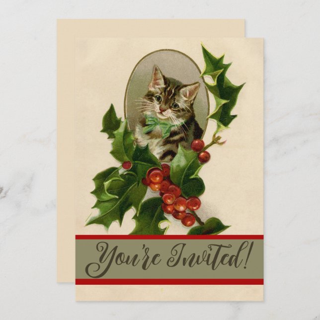 Cat Christmas Merry Holly Kitten Antique Art Invitation (Front/Back)