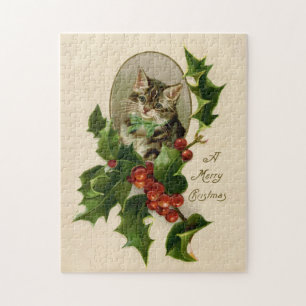 Cat Christmas Merry Holly Kitten Antique Art Jigsaw Puzzle