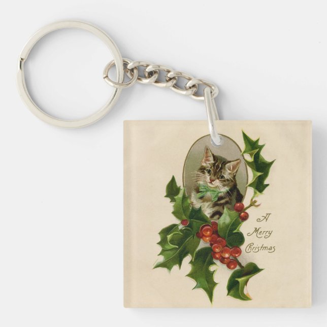 Cat Christmas Merry Holly Kitten Antique Art Key Ring (Front)