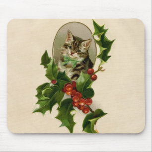 Cat Christmas Merry Holly Kitten Antique Art Mouse Pad