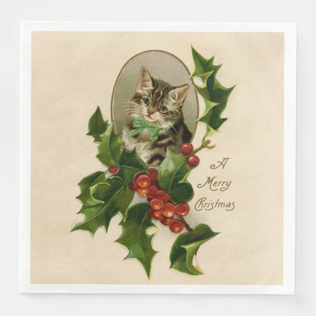 Cat Christmas Merry Holly Kitten Antique Art Napkin (Front)