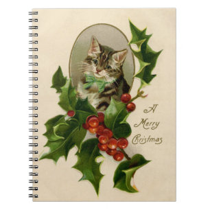 Cat Christmas Merry Holly Kitten Antique Art Notebook