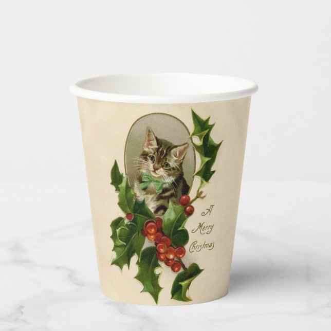 Cat Christmas Merry Holly Kitten Antique Art Paper Cups (Front)