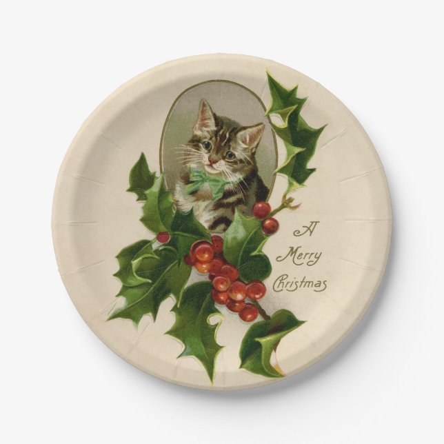 Cat Christmas Merry Holly Kitten Antique Art Paper Plate (Front)