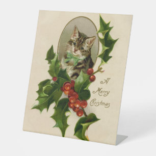 Cat Christmas Merry Holly Kitten Antique Art Pedestal Sign