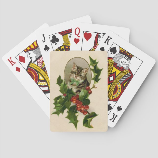 Cat Christmas Merry Holly Kitten Antique Art Playing Cards (Back)