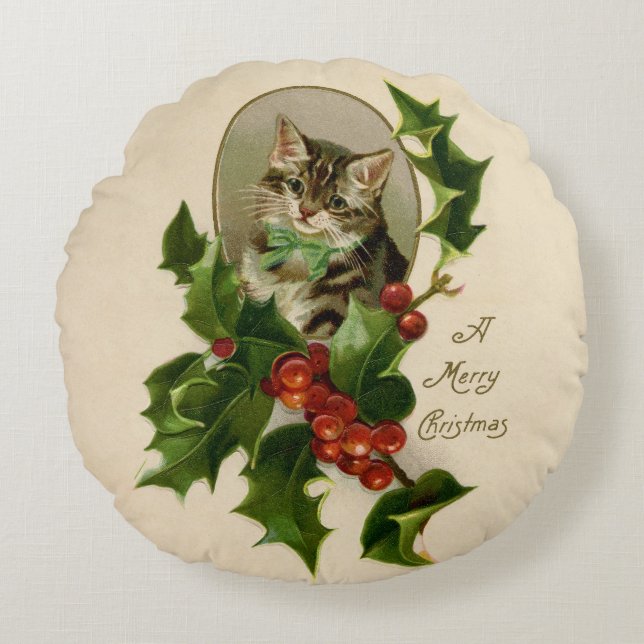 Cat Christmas Merry Holly Kitten Antique Art Round Cushion (Front)