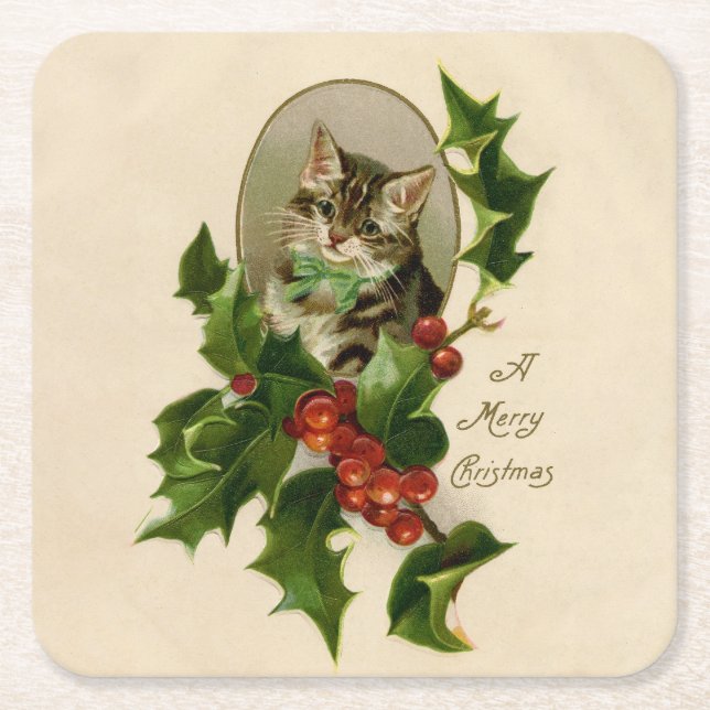 Cat Christmas Merry Holly Kitten Antique Art Square Paper Coaster (Front)