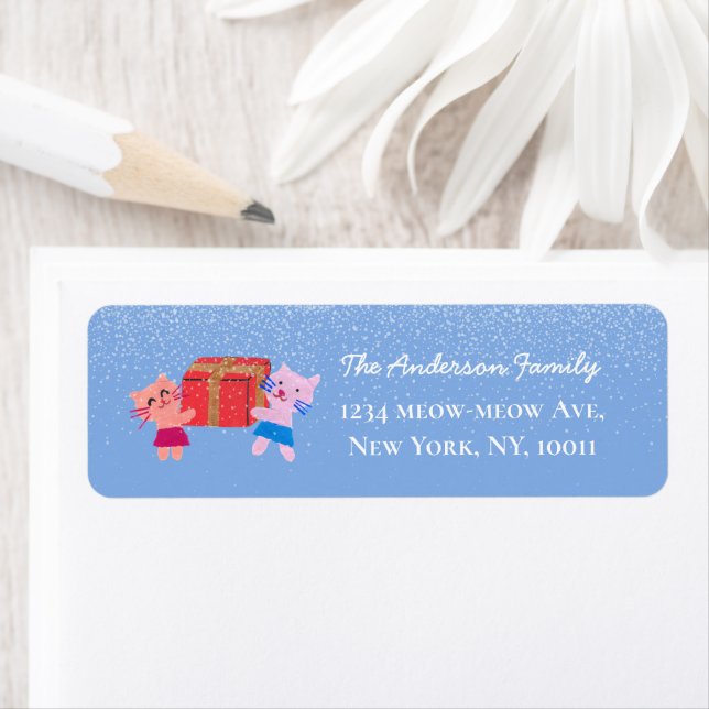 Cat Christmas Moss Blue Snowy Xmas Return Address Label (Insitu)