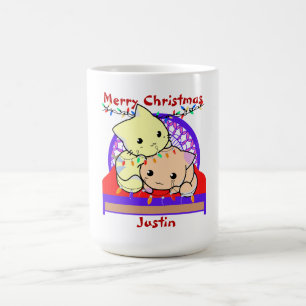 Cat christmas on bed, personalised name coffee mug
