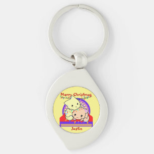 Cat christmas on bed, personalised name   key ring