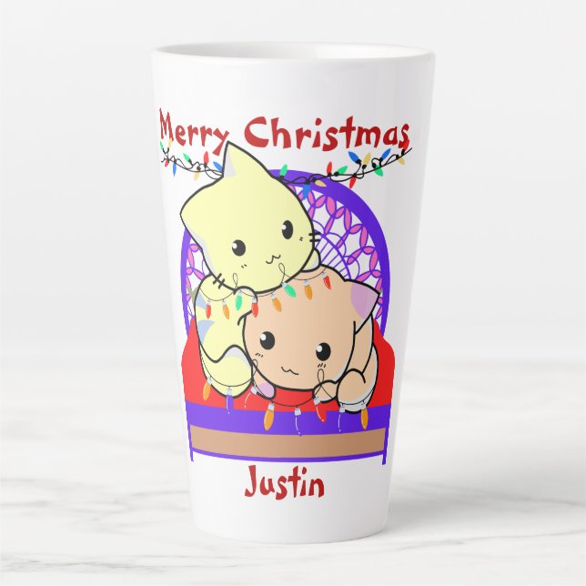 Cat christmas on bed, personalised name   latte mug (Front)