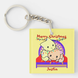 Cat christmas on bed, personalized name key ring