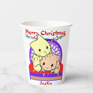 Cat christmas on bed, personalized name paper cups