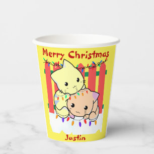 Cat christmas out door, personalised name paper cups
