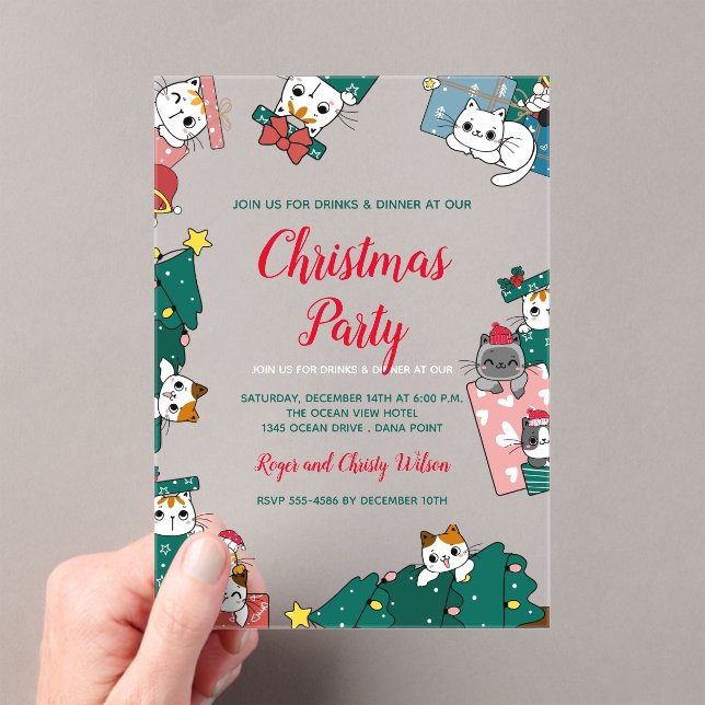 Cat Christmas Party Acrylic Invitations (Insitu (Handheld))