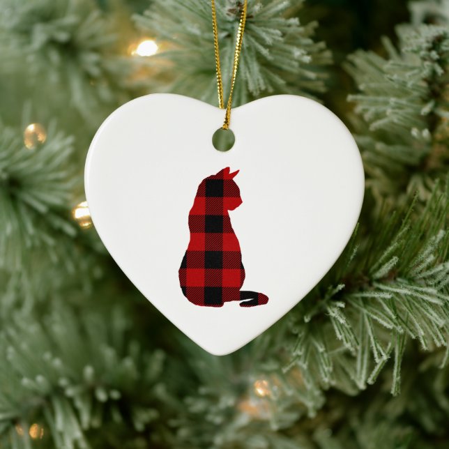 Cat Christmas Plaid Buffalo Check Ceramic Ornament (Tree)