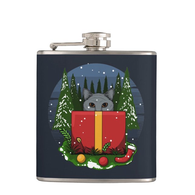 Cat Christmas Present Adult Stocking Stuffer Hip Flask (Front)