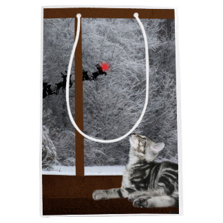 Cat Christmas red dot reindeer Medium Gift Bag