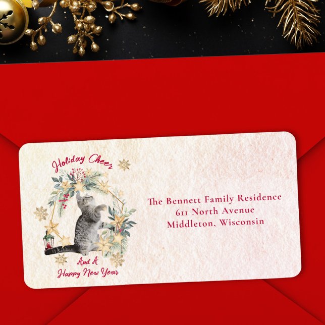 Cat Christmas Return Address - Snowflakes & Wreath Label (Creator Uploaded)