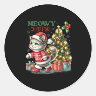 Cat Christmas Santa Hat And Tree Funny Meowy Cats Classic Round Sticker