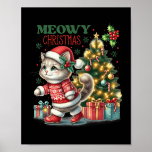 Cat Christmas Santa Hat And Tree Funny Meowy Cats  Poster