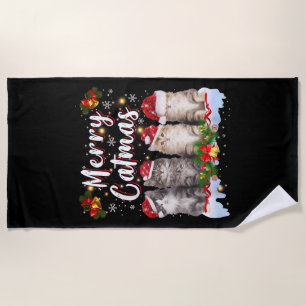 Cat Christmas Santa Hat Funny Merry Catmas Beach Towel