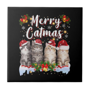Cat Christmas Santa Hat Funny Merry Catmas Ceramic Tile