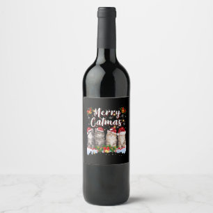 Cat Christmas Santa Hat Funny Merry Catmas Wine Label