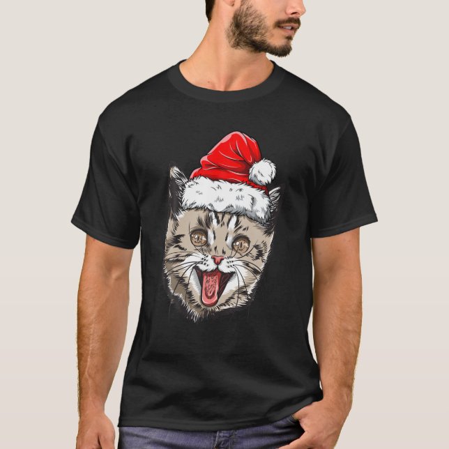Cat Christmas Santa Hat Xmas Boys Kids Girls Meowy T-Shirt (Front)
