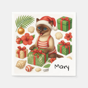 Cat Christmas Summer July Pool Party Napkin