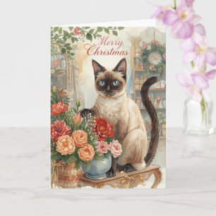 Cat Christmas themed by Siamese cat in florist Card