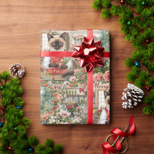 Cat Christmas themed by Siamese cat in florist Wrapping Paper