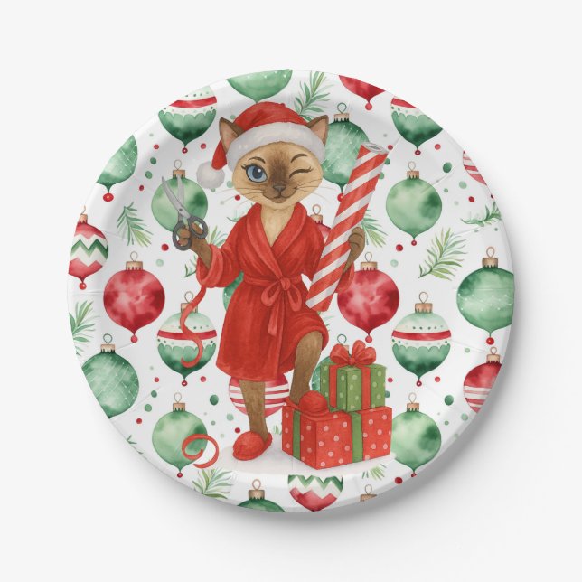 Cat Christmas themed for Siamese Cat Lovers Paper Plate (Front)