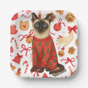 Cat Christmas themed for Siamese Cat Lovers Paper Plate