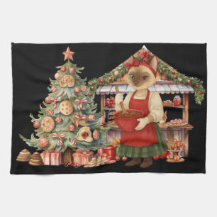 Cat Christmas themed in Bakery Shop  Tea Towel