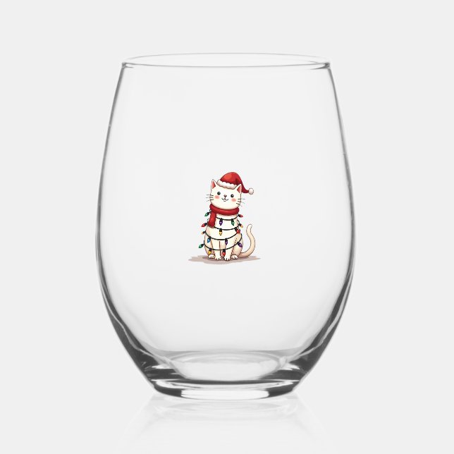 Cat Christmas Tree Christmas (1) Stemless Wine Glass (Front)