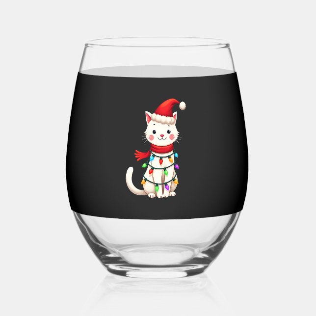 Cat Christmas Tree Christmas (2) Stemless Wine Glass (Front)
