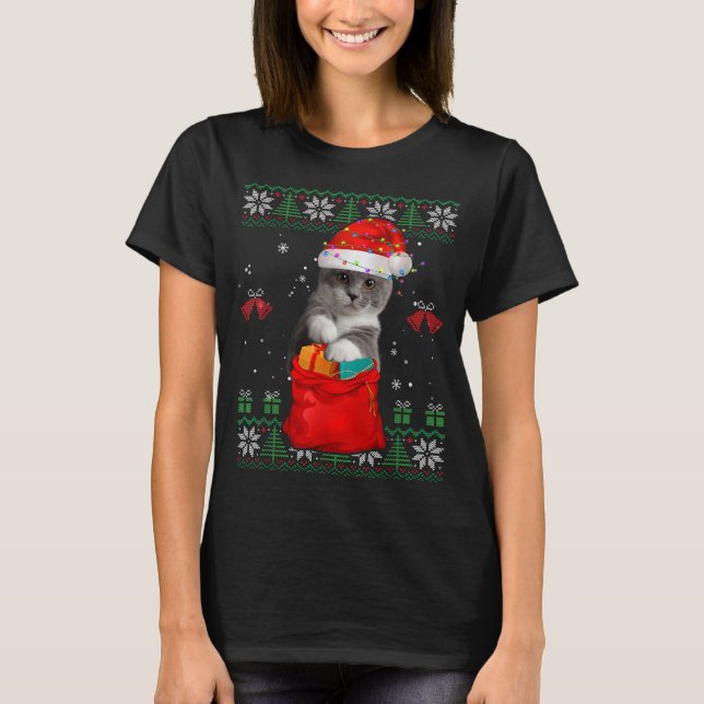 Cat Christmas Tree Lights Santa Hat Cat Lover T-Shirt (Front)