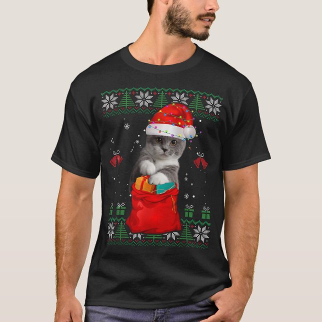 Cat Christmas Tree Lights Santa Hat Cat Lover T-Shirt (Front)