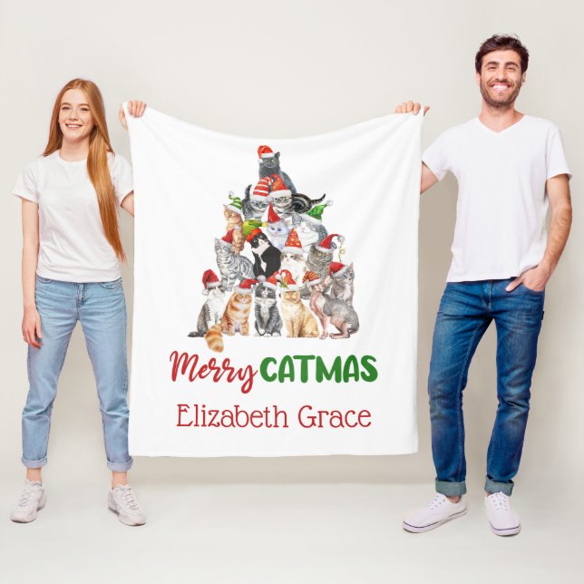 Cat Christmas Tree Merry Catmus Cat Lovers Gift Fleece Blanket (In Situ)