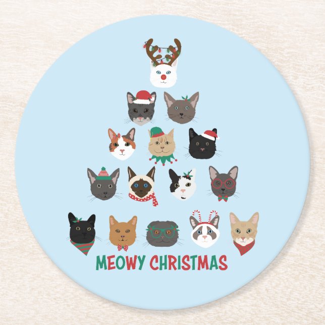 Cat Christmas Tree Round Paper Coaster (Front)