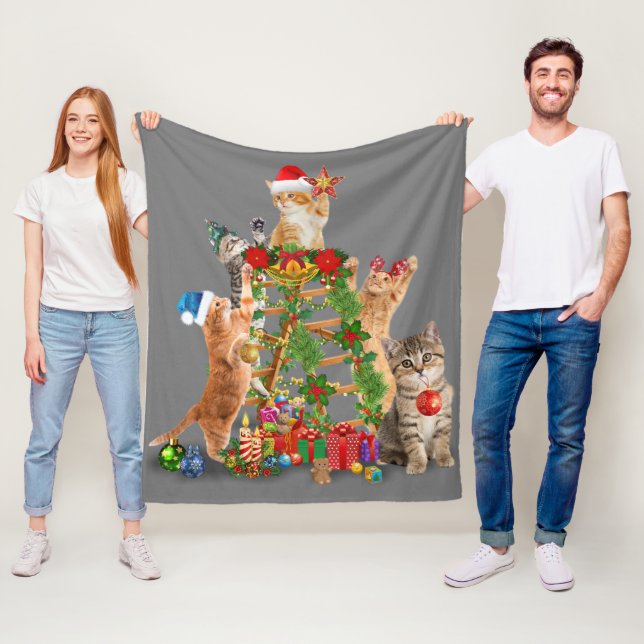 Cat Christmas Tree Ugly Christmas Cat Mum Cat Dad Fleece Blanket (In Situ)