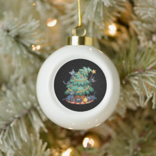 Cat Christmas Tree Xmas Lights Holiday Season Ceramic Ball Christmas Ornament