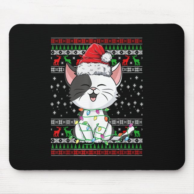 Cat Christmas Ugly Xmas Lights Santa Hat Funny Gif Mouse Pad (Front)