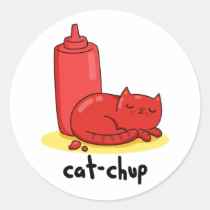 Cat-chup Funny Red Ketchup Cat Pun  Classic Round Sticker