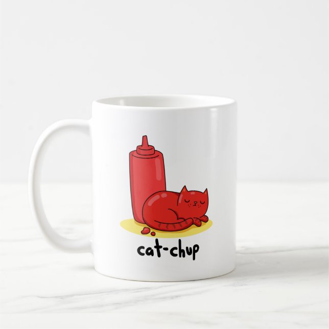 Cat-chup Funny Red Ketchup Cat Pun  Coffee Mug (Left)